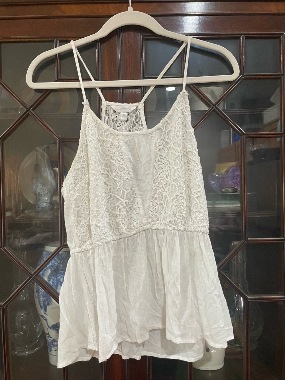 Charming Charlie White Lace Peplum Tank Small